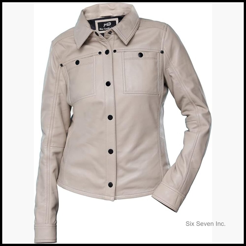 Lambskin Leather Jacket Shacket Button Front Long Sleeve Bust Pocket
